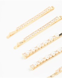 Lovisa - Gold Cubic Zirconia & Pearl Hair Clips 6-Pack
