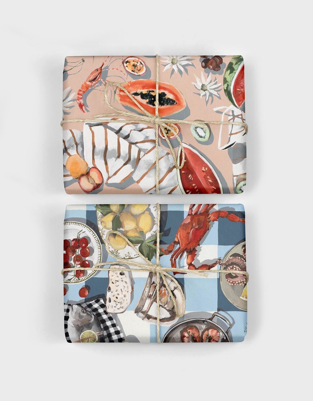 Bespoke Letterpress - Gift Wrap - Summer Picnic / Crab & Squid - Double Sided 6pk