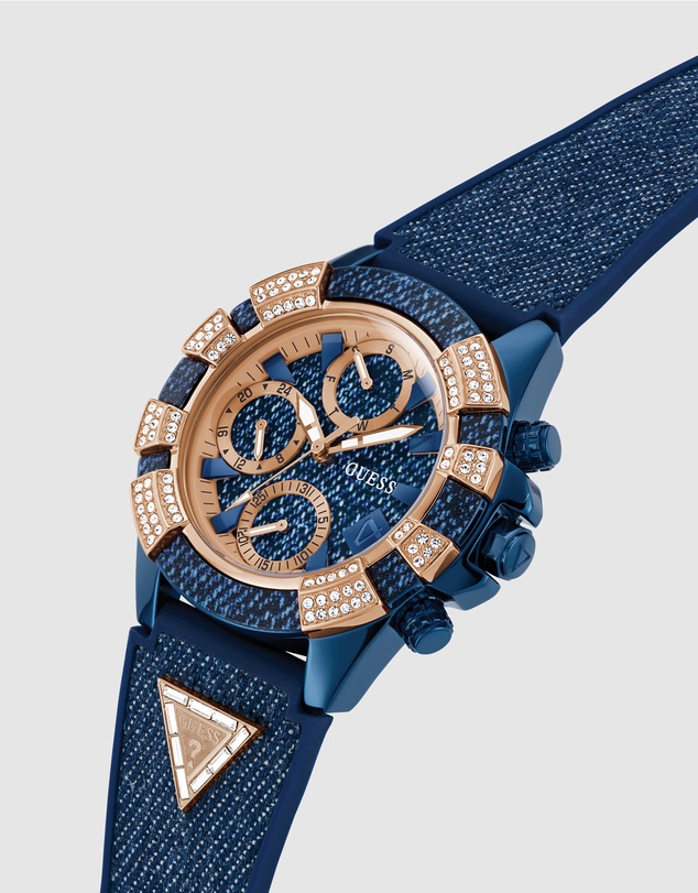GUESS - ICONIC 40TH Denim 39mm Rose Gold-Tone Case Blue Silicone Strap