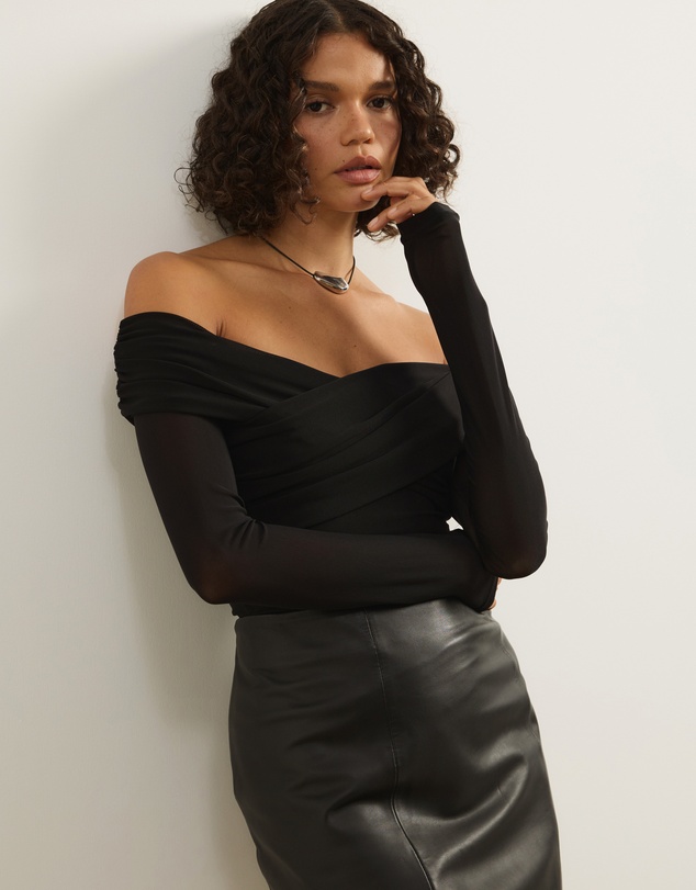Atmos&Here - Ophelia Cross Off Shoulder Mesh Long Sleeve Top