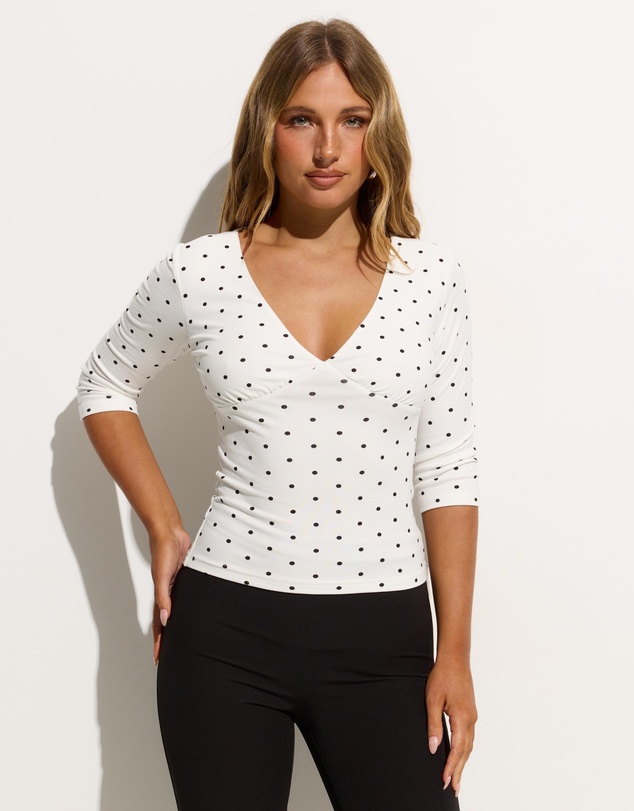 Dazie - Cherry 3/4 Sleeve V-Neck Polka Top