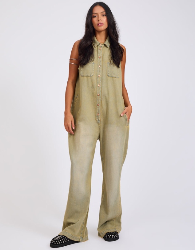 ONE TEASPOON - Braxton Wide Leg Long Length Denim Jumpsuit - Warm Khaki