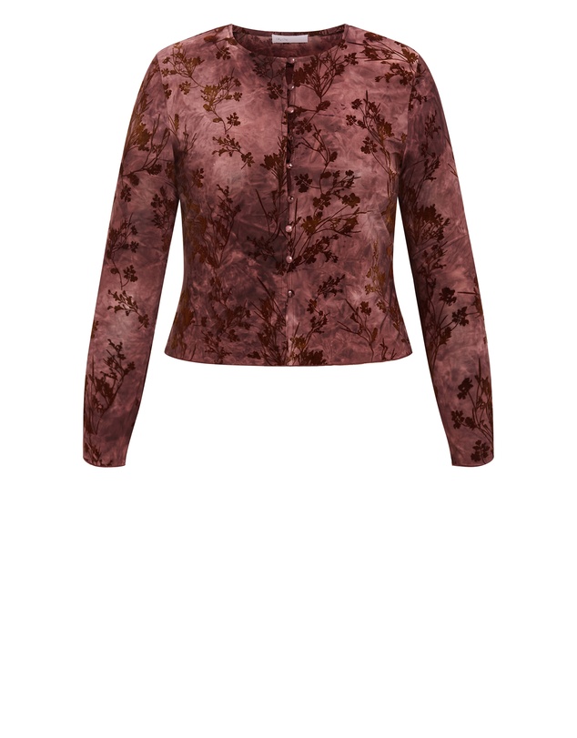 City Chic - Plus size Devore Flock Print Top - choc cherry