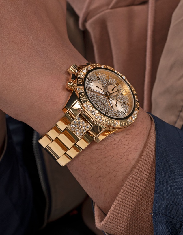 GUESS - Multi-function Men's 48mm Champagne Dial with Crystals and Gold-Tone Strap