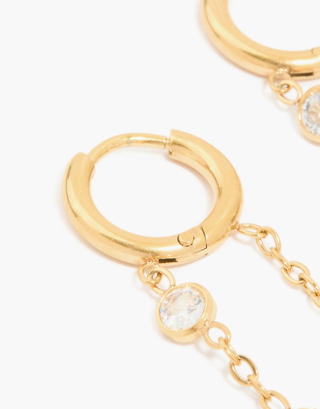 Lovisa - Waterproof Gold Plated Stainless Steel Cubic Zirconia Chain Huggie Drop Earrings
