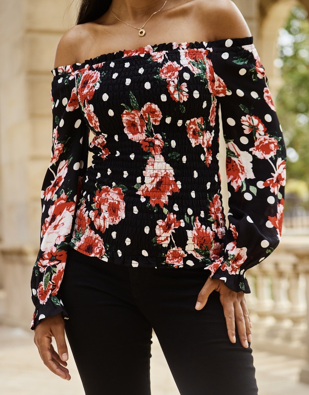 Sosandar - Floral Print Shirred Body Bardot Top