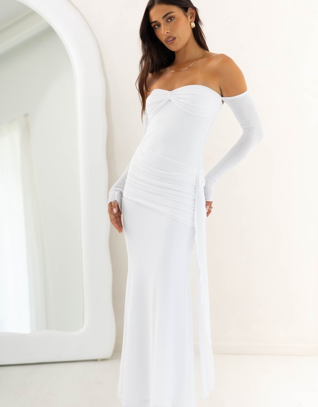 Beginning Boutique - Breanna White Long Sleeve Ruched Maxi Dress