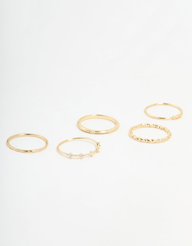 Lovisa - Gold Plated Cubic Zirconia Mixed Detail Rings 5-Pack