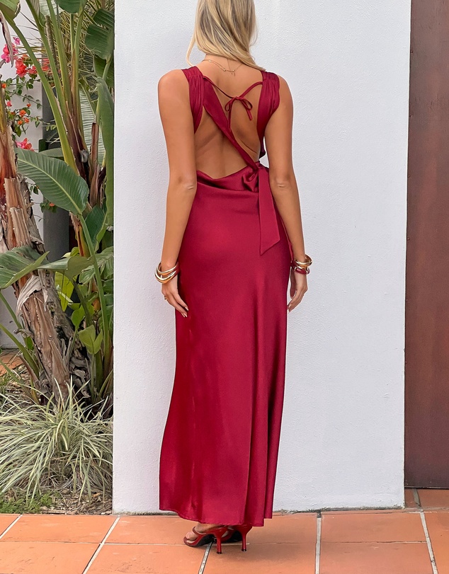 Beginning Boutique - Laria Wine Satin Formal Maxi Dress