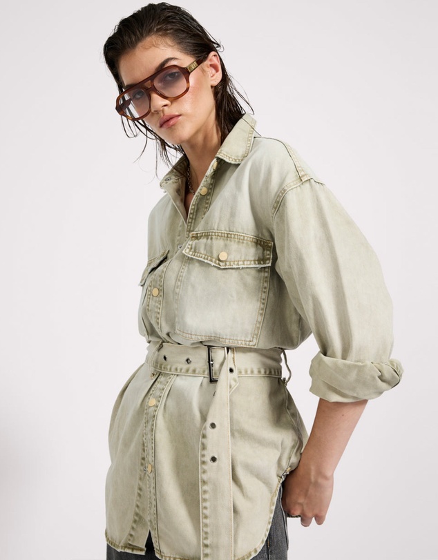 ONE TEASPOON - Belted Longline Denim Shirt - Antique Khaki