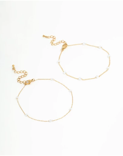 Lovisa - Waterproof Gold Plated Stainless Steel Station & Pearl Anklets 2-Pack