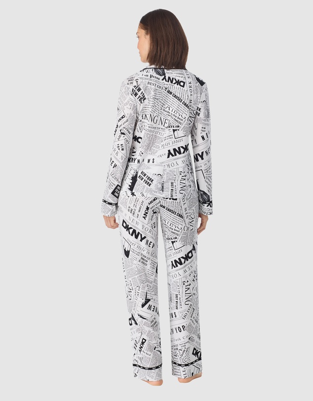DKNY - Logo Print Cotton Jersey Button Up Long Sleeve Long Pyjama Set