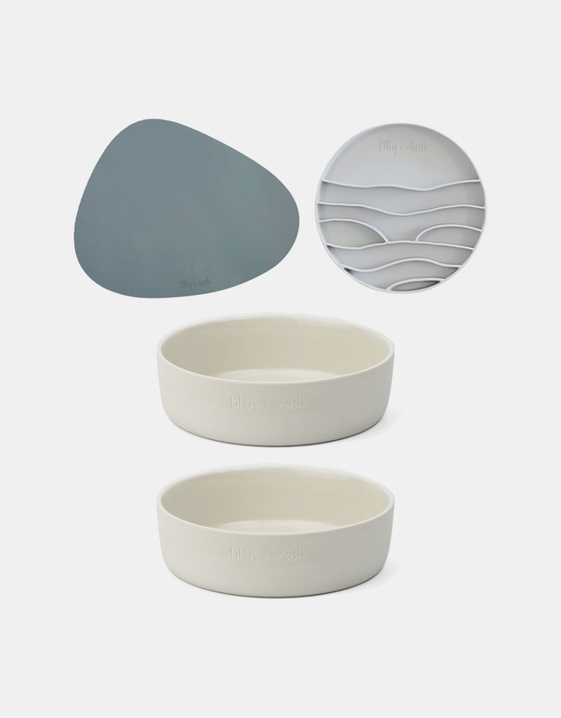 Lilly + Dash - Dog Eat and Drink Set – 2 Bowls + Lick Insert + Blue Placemat Set