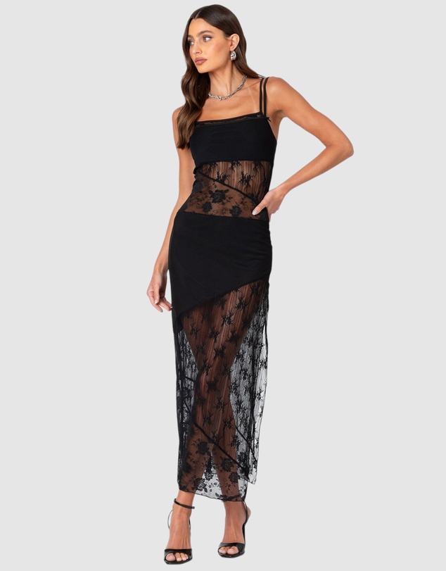 EDIKTED - Sheer Mesh & Lace Patchwork Maxi Dress