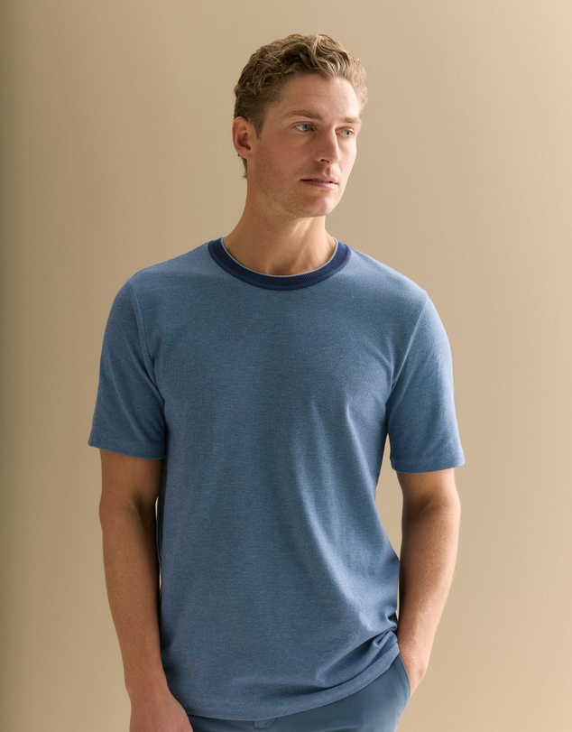 Trenery - Cotton Jacquard Contrast Collar T-shirt in Washed Navy