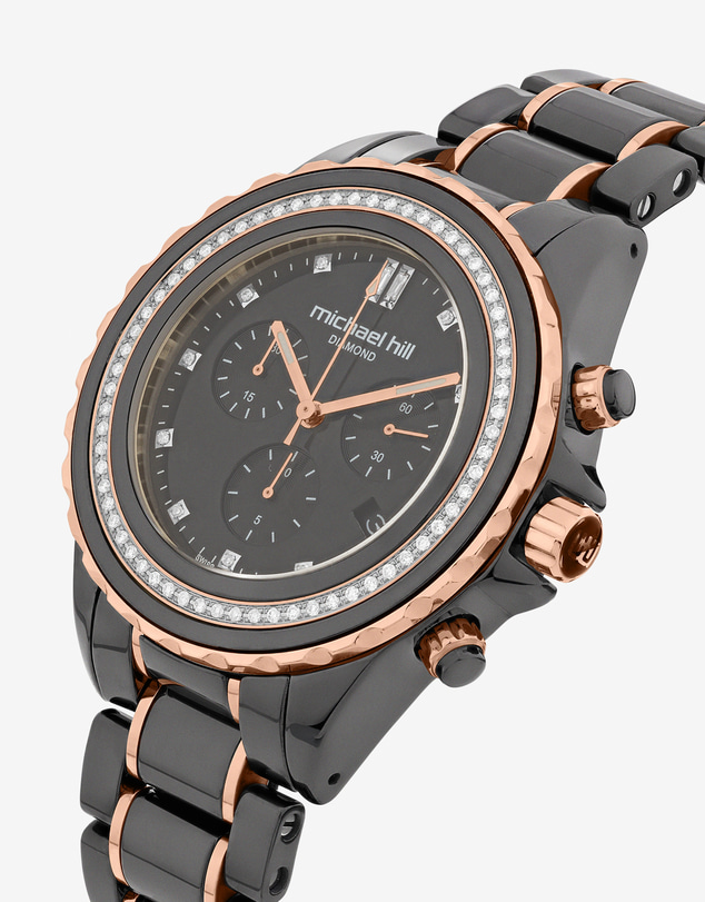 Michael Hill - Chronograph Watch with 0.50 Carat TW of Diamonds in Black Ceramic & Rose Tone Stainless Steel