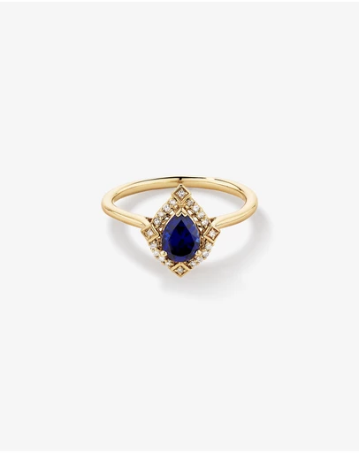 Michael Hill - Pear Cut Created Sapphire and Diamond Halo Ring in 10kt Yellow Gold