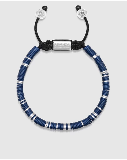 Nialaya Jewellery - Men's Beaded Bracelet with Dark Blue and Silver Disc Beads