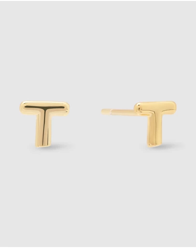 Wanderlust + Co - Alphabet Bubble Gold Stud Earrings - Letter T