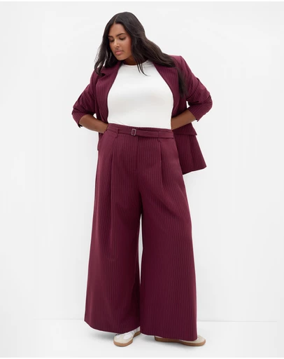 City Chic - Plus size Cora Blue Stripe Belted Pant - berry