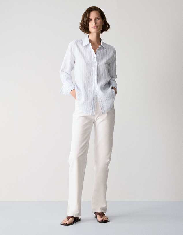 Trenery - Yarn Dyed Linen Twin Stripe Shirt in Mid Blue