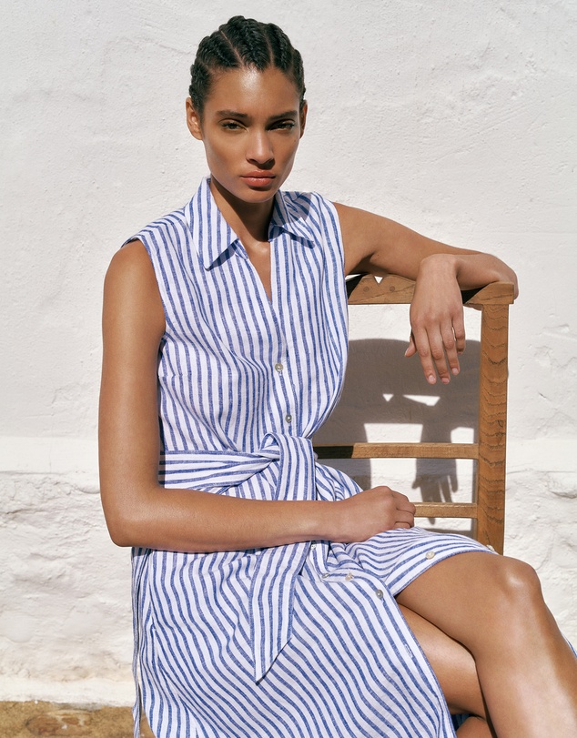 Trenery - Yarn Dyed Linen Stripe Sleeveless Shirt Dress in Vivid Blue