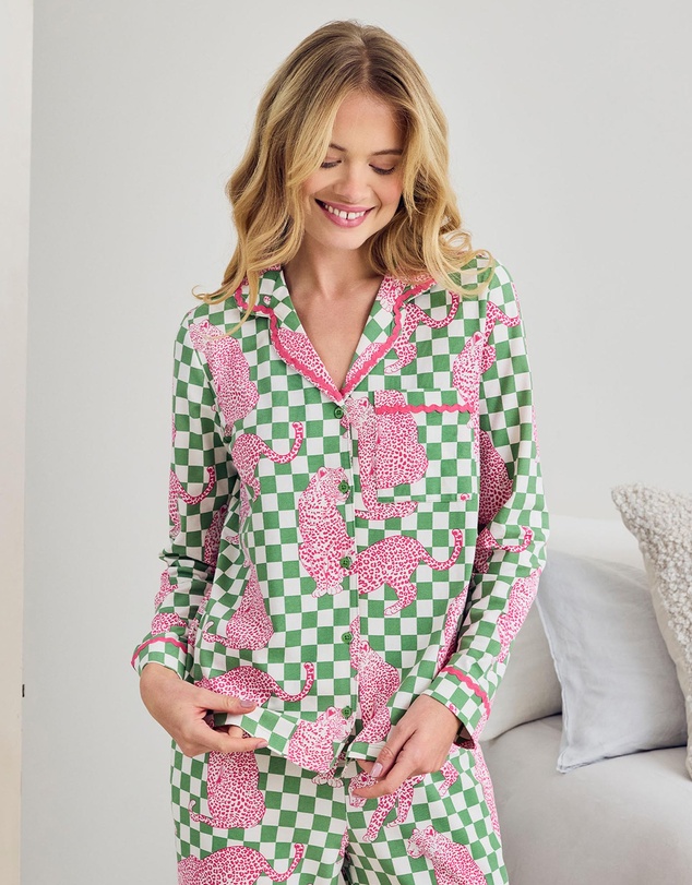 Chelsea Peers - Organic Cotton Leopard Checkerboard Long Pyjama Set
