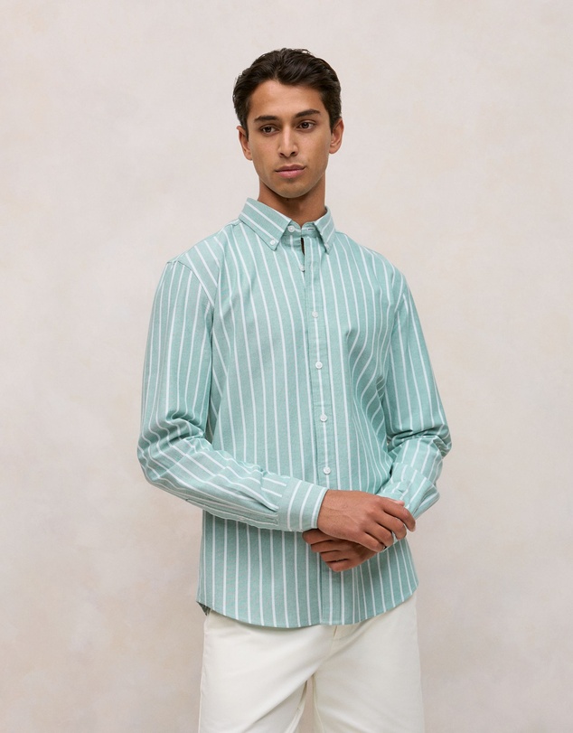 Trenery - Regular Fit Yarn Dyed Stripe Oxford Shirt in Deep Green