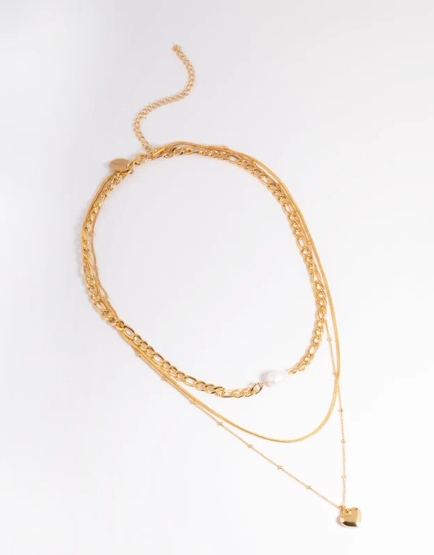 Lovisa - Waterproof Gold Plated Stainless Steel Heart & Freshwater Pearl Layered Necklace