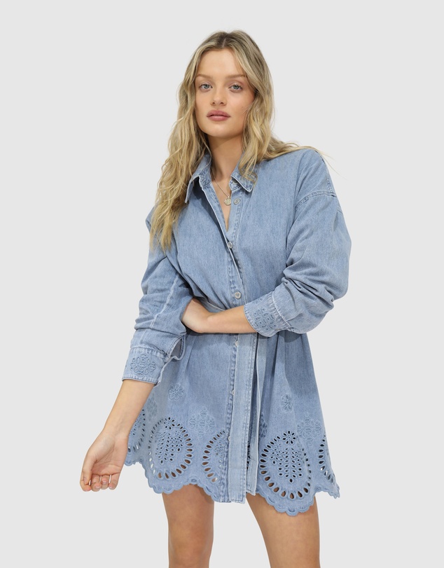 Belle & Bloom - Sunday Somewhere Denim Broderie Mini Shirt Dress