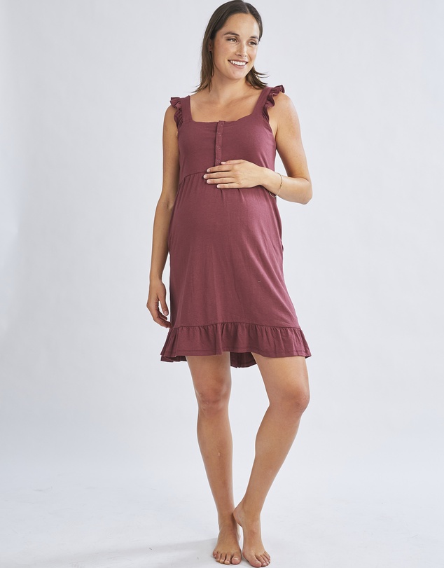 Angel Maternity - Grace Hospital Birthing Gown/Night Dress with Nursing Access - Burgundy