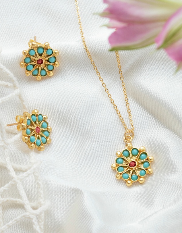 Ottoman Hands - Marigold Turquoise and Red Agate Beaded Stud Earrings