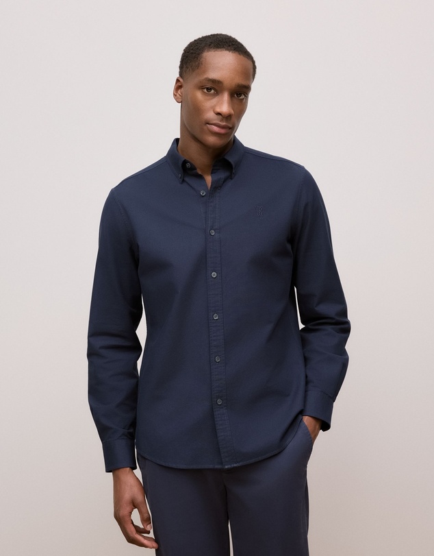Trenery - Regular Fit Cotton Monogram Oxford Shirt in Navy