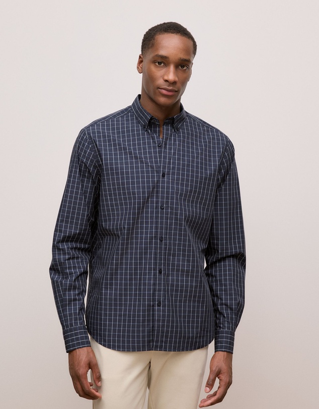 Trenery - Regular Fit Poplin Grid Long Sleeve Shirt in Navy