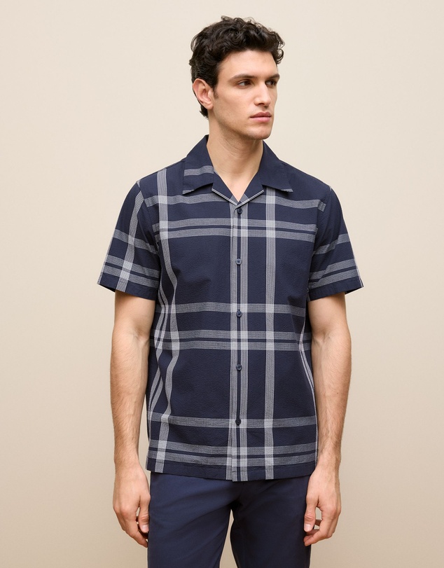 Trenery - Seersucker Check Camp Shirt in Navy