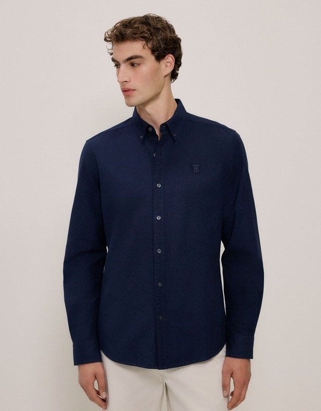 Trenery - Tailored Fit Cotton Monogram Oxford Shirt in Navy