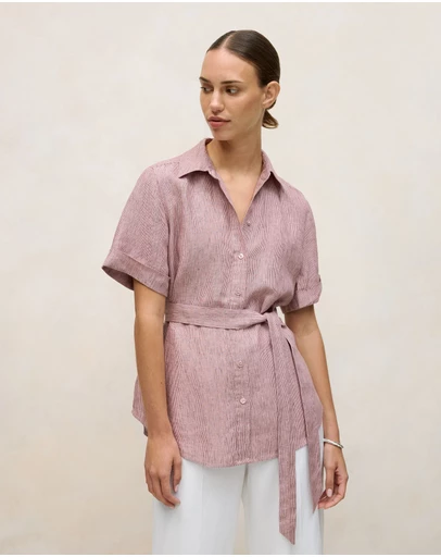 Trenery - Linen End On End Stripe Belted Shirt in Light Pink