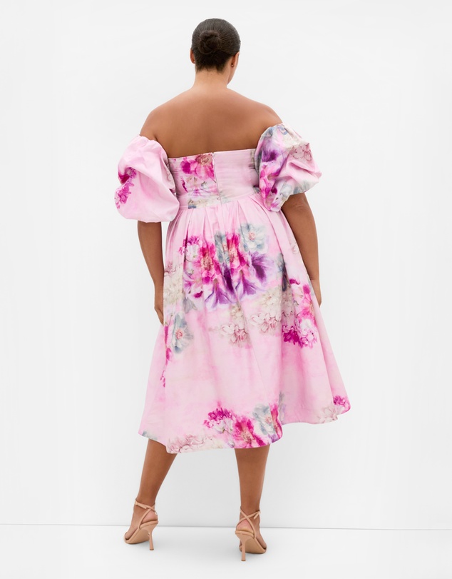 City Chic - Plus size Rosalee Garden Print Puff Sleeve Midi Dress - pink