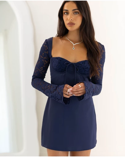 Beginning Boutique - Verity Navy Lace Long SLeeve Mini Dress