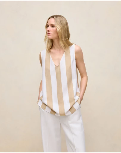 Trenery - Cabana Stripe V Neck Trapeze Tank in Sand