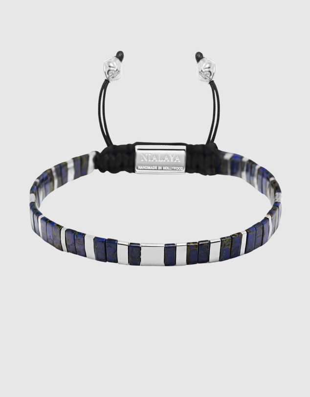 Nialaya Jewellery - Men's Bracelet with Marbled Blue and Silver Miyuki Tila Beads