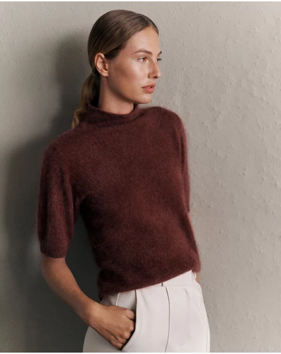 Trenery - Brushed Cashmere Mock Neck T-shirt in Espresso