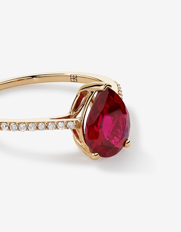 Michael Hill - Pear Cut Red Created Ruby Gemstone and Diamond Ring in 10kt Yellow Gold