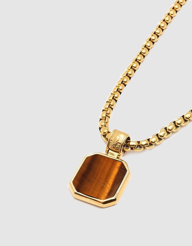 Nialaya Jewellery - Gold Necklace with Square Brown Tiger Eye Pendant