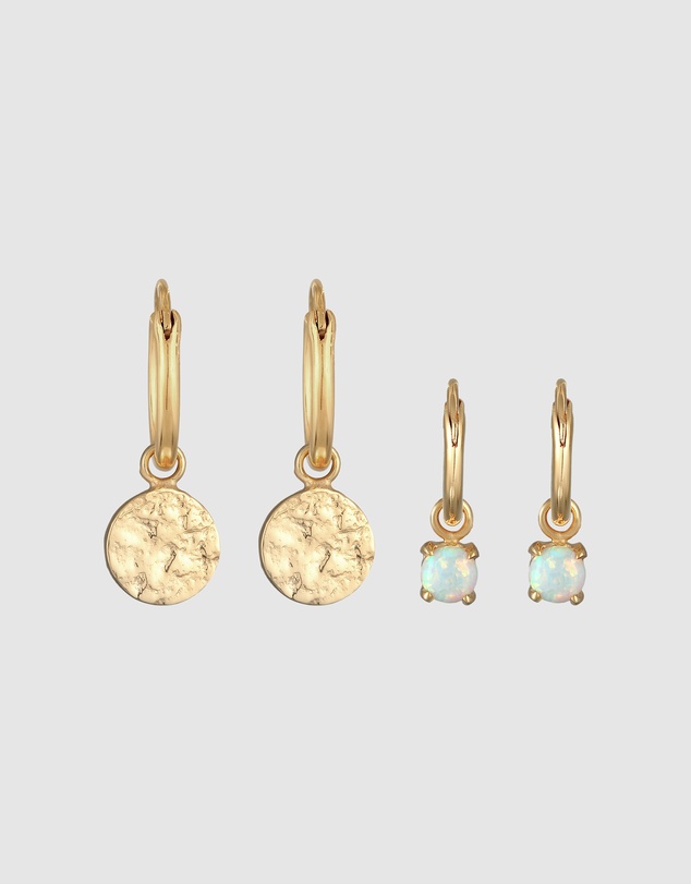 Elli Jewelry - Earrings Creoles Platelets Set of 2 with Opal in 925 sterling silver gold plated
