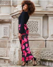 Sosandar - Floral Print Ruched Detail Satin Maxi Skirt