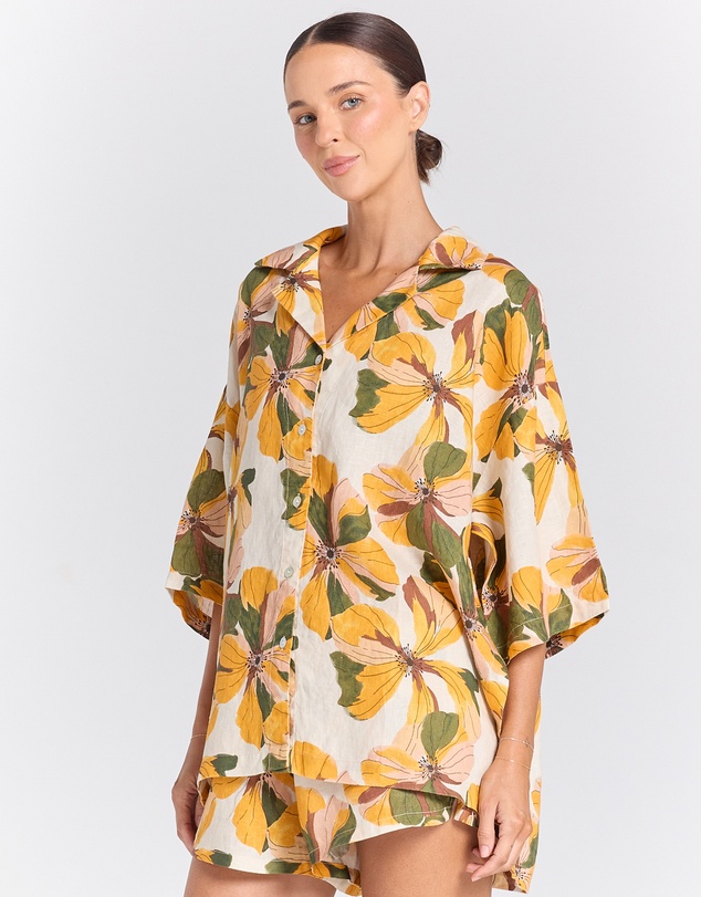 Poolside Paradiso - Tropics 100% Linen Resort Over Shirt - Marigold
