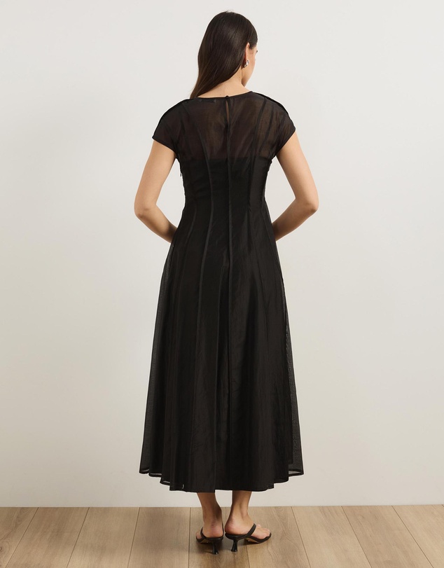Atmos&Here - Cindy Short Sleeve Panelled Organza Midi Dress