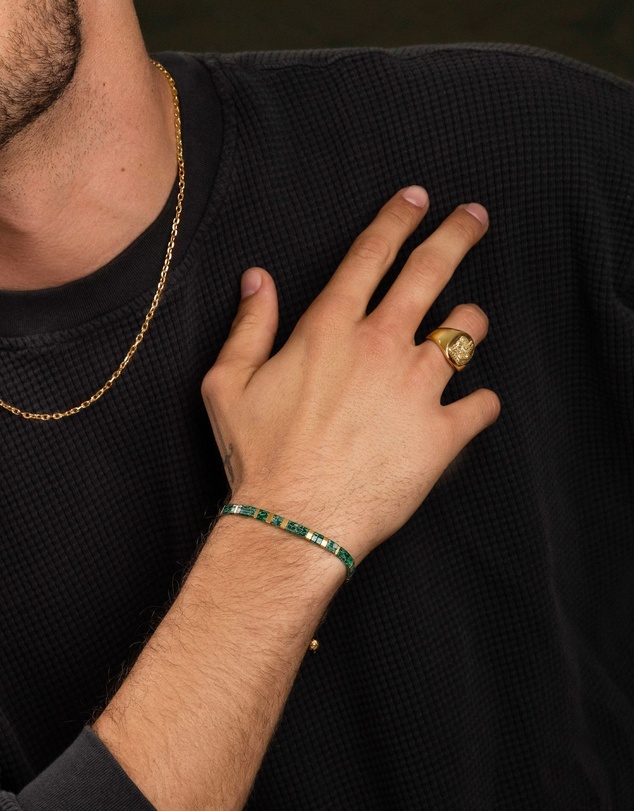 Nialaya Jewellery - Men's Bracelet with Marbled Green and Gold Miyuki Tila Beads