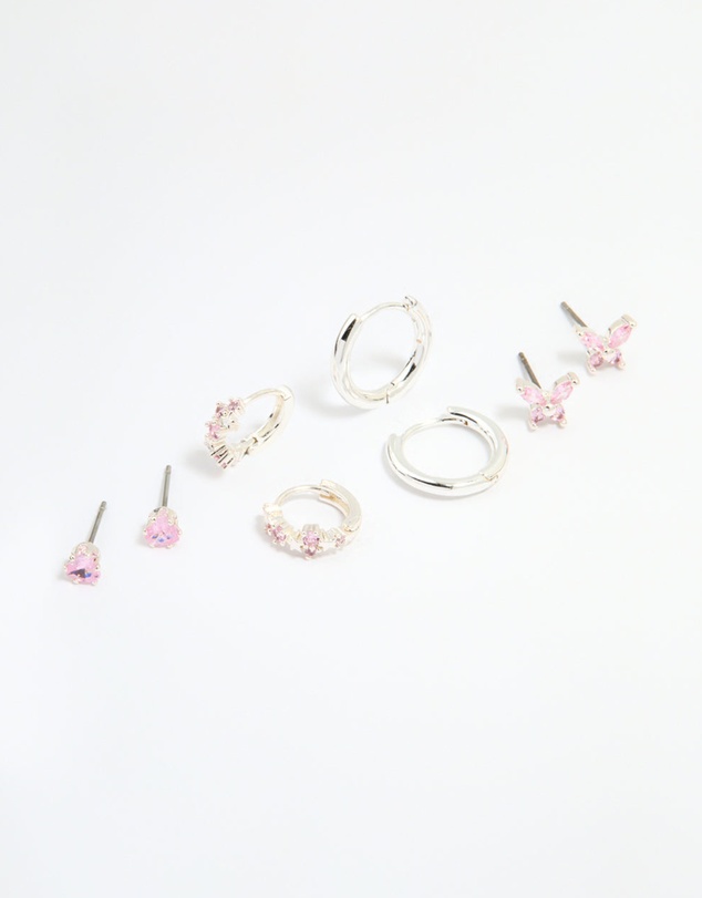 Lovisa - Silver Plated Brass Pink Cubic Zirconia Pave & Butterfly Stud Earrings 4-Pack